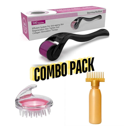 3 In 1 Combo Deal 1 Derma Roller (0.5mm) , Silicone Scalp Massage Brush , Oil Bottle